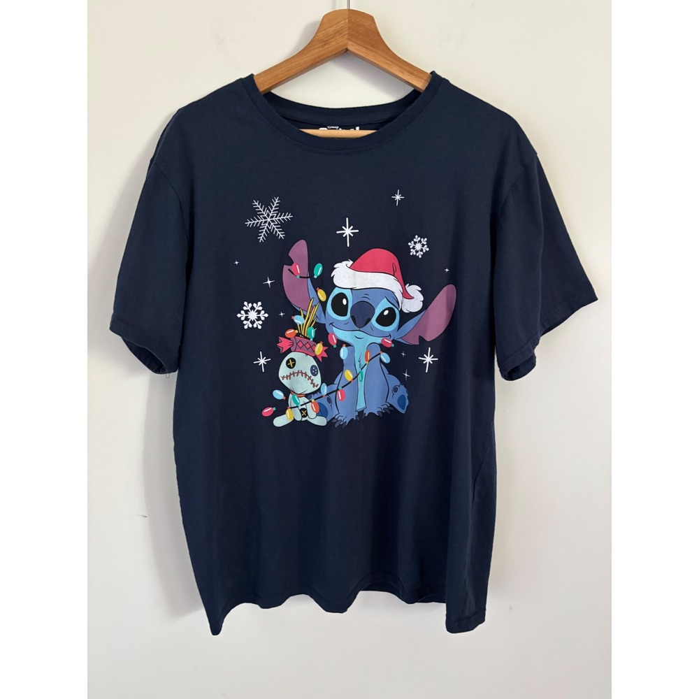 Disney Stitch Christmas Graphic T-Shirt Navy Blue Santa Hat Scrump XL